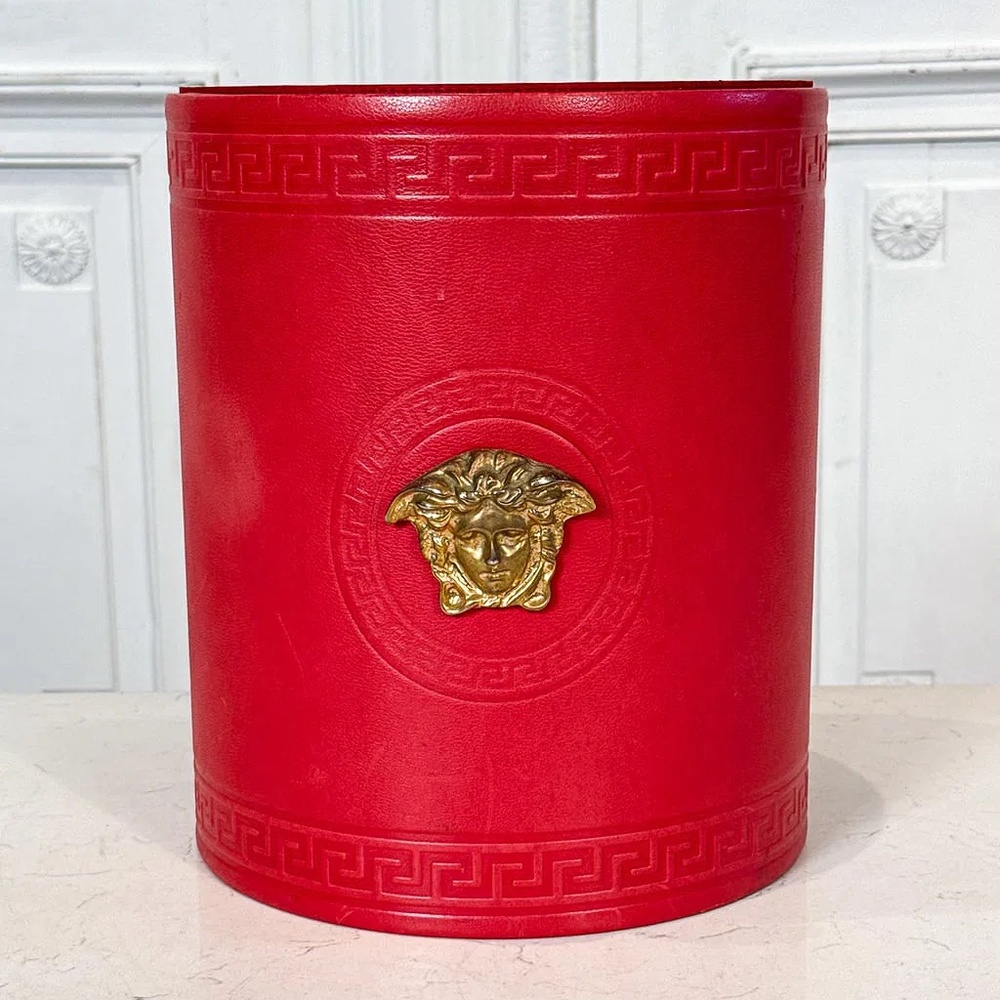 Vintage Versace Red Leather Waste Bin with Gold Medusa – Suede Interior 🏛✨